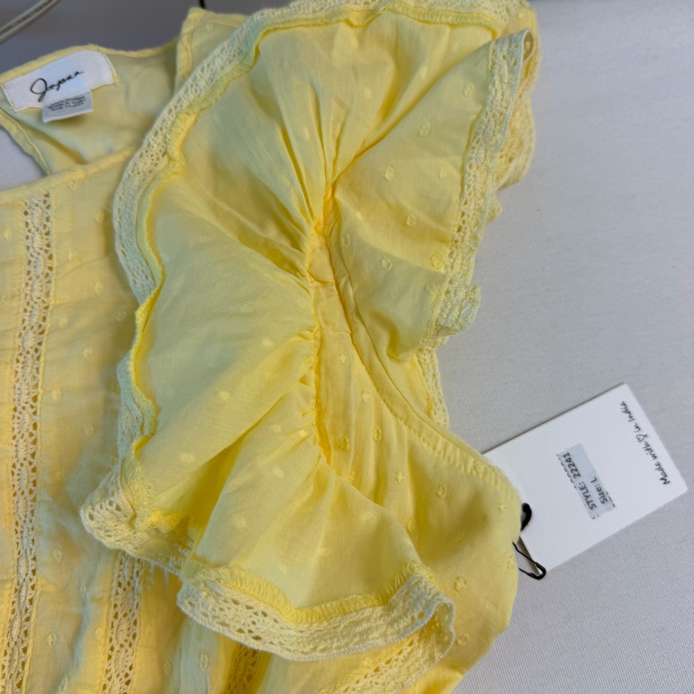 Japna Butter Yellow Swiss Dot Ruffled Cap Sleeve Lace Trim Tiered Mini Dress L - Picture 9 of 14